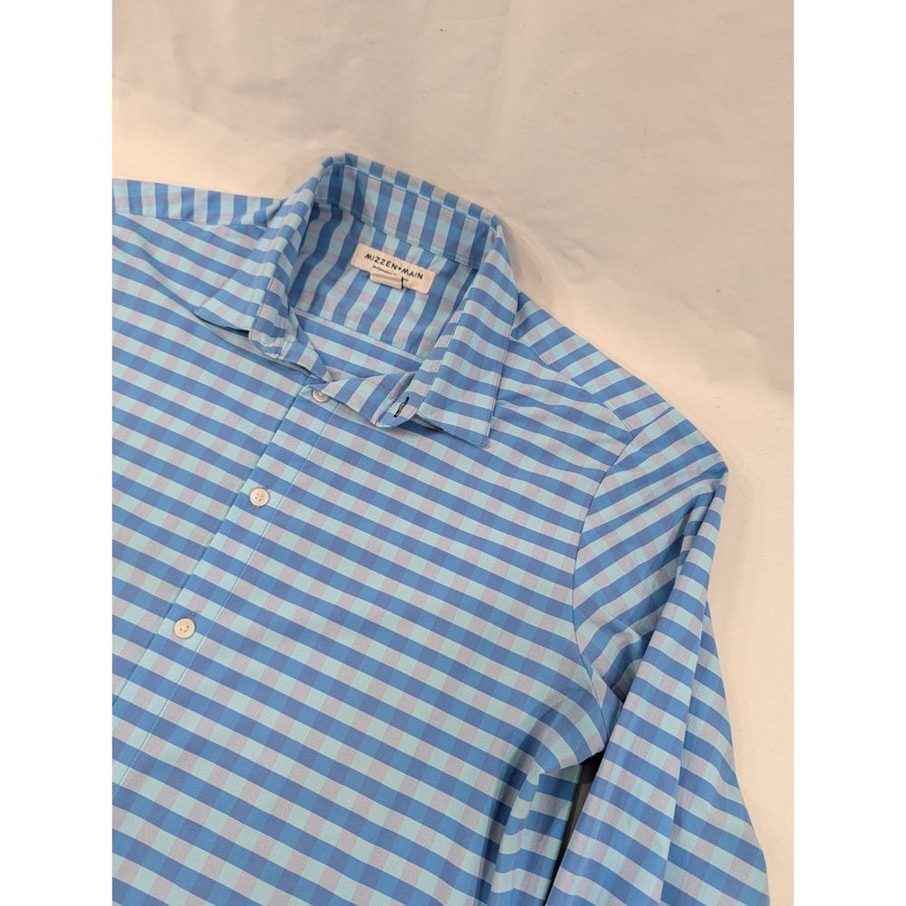 MIZZEN + MAIN Long Sleeve Button Shirt Blue Gingham Check Medium Trim Fit